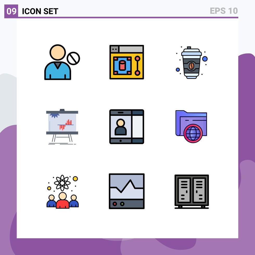 conjunto moderno de 9 colores y símbolos planos de línea de llenado, como elementos de diseño de vectores editables de negocios de datos de herramientas de gráficos móviles