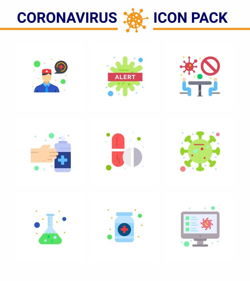 9 Flat Color viral Virus corona icon pack such as pills spray banned medication gestures viral coronavirus 2019nov disease Vector Design Elements