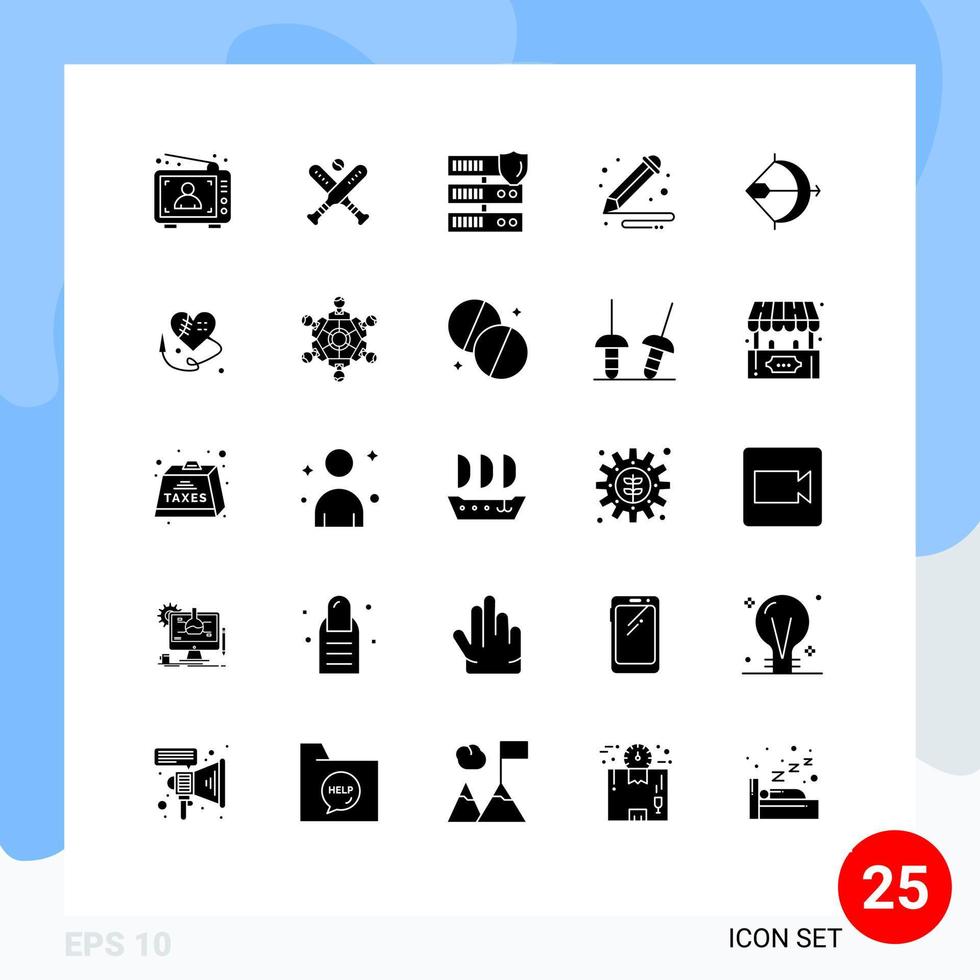 Mobile Interface Solid Glyph Set of 25 Pictograms of aim paint bats arts security Editable Vector Design Elements