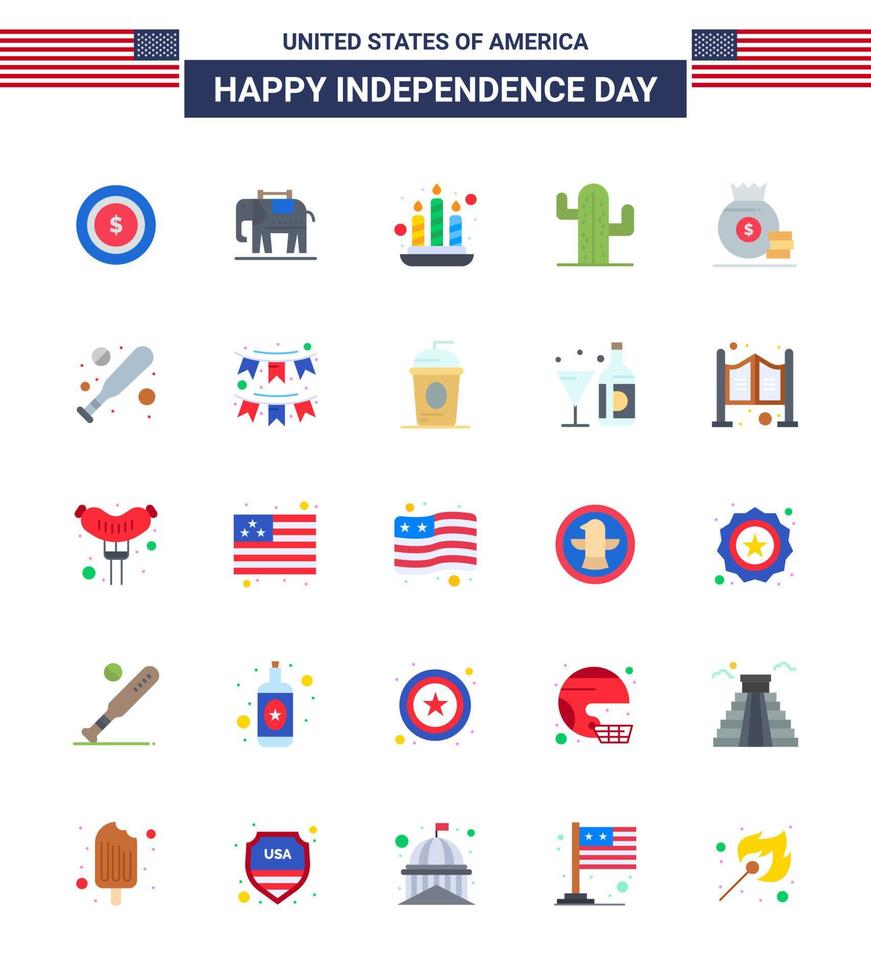 25 USA Flat Pack of Independence Day Signs and Symbols of baseball money light bag american Editable USA Day Vector Design Elements