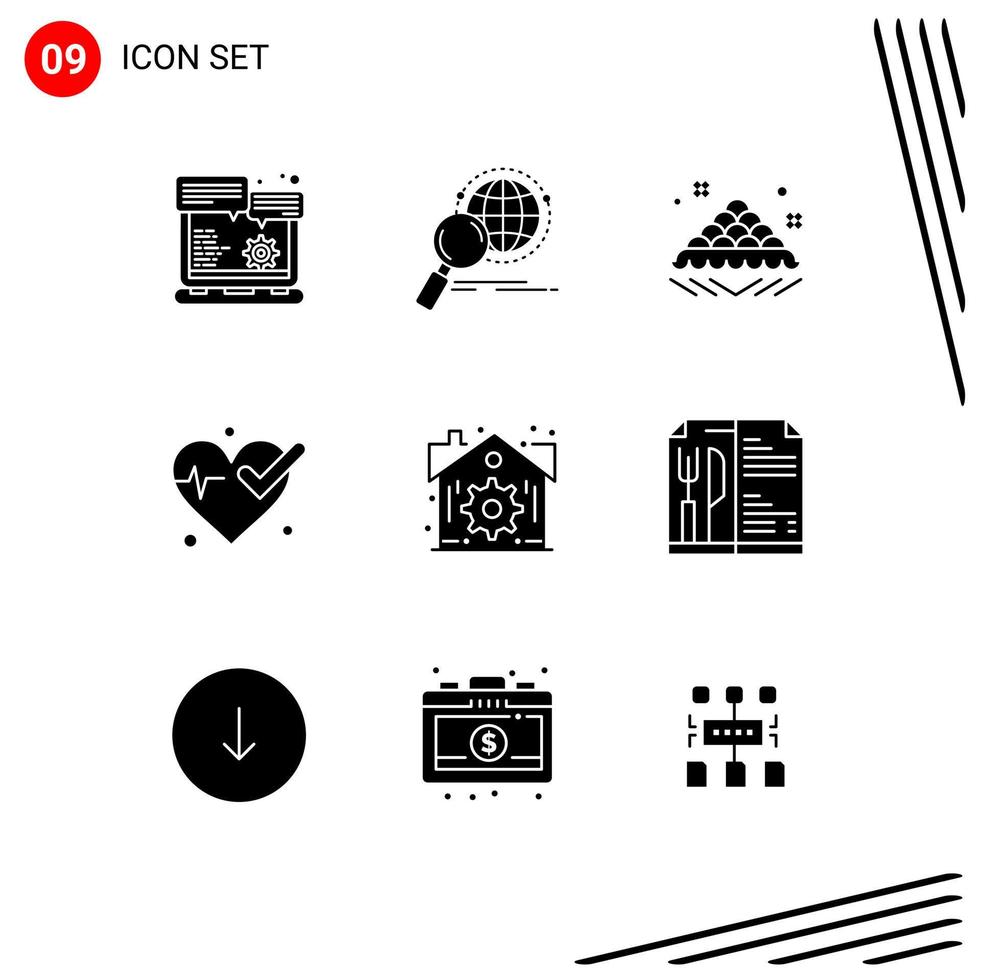 Group of 9 Solid Glyphs Signs and Symbols for estate heart world medical open Editable Vector Design Elements