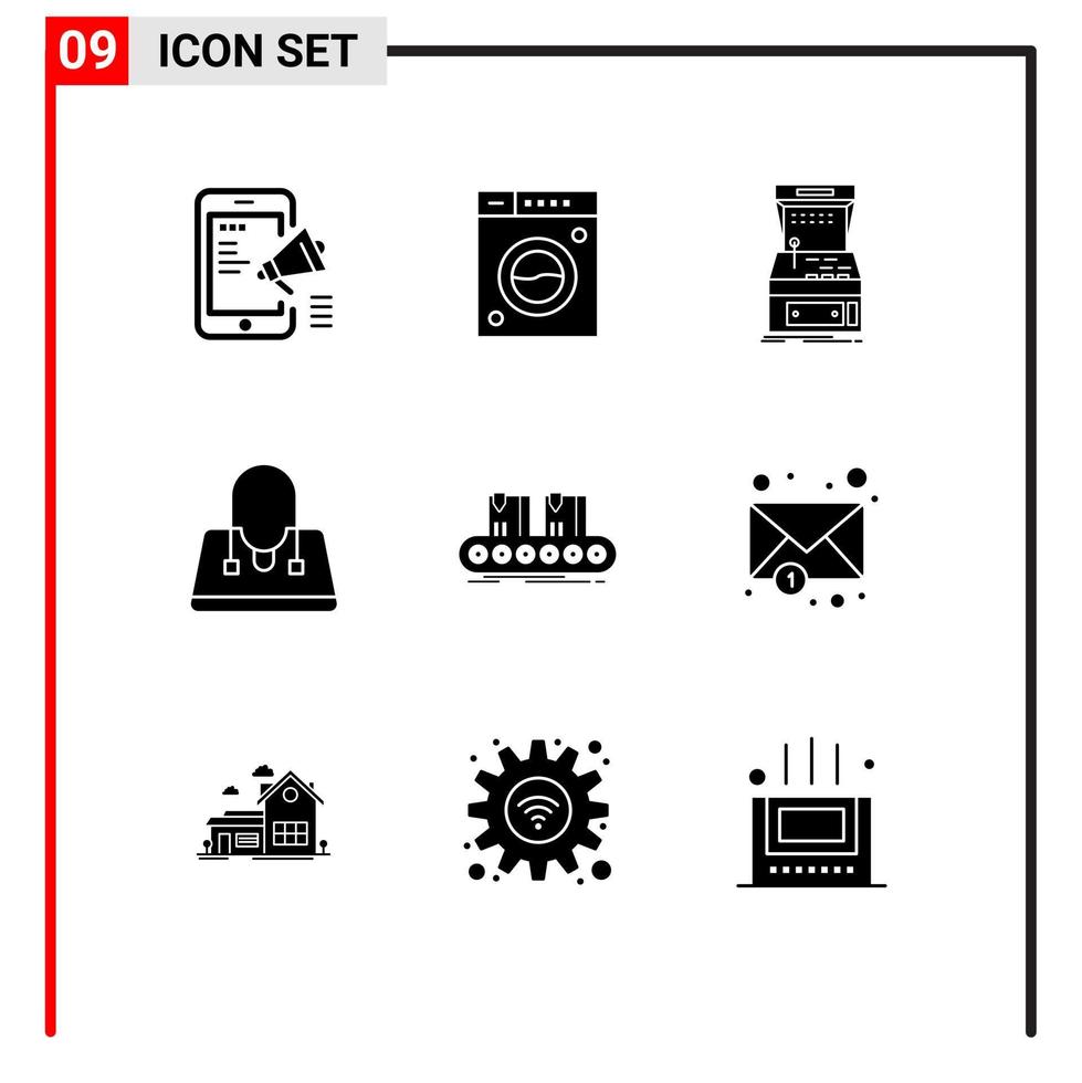 Pack of 9 creative Solid Glyphs of belt fashion washing bag machine Editable Vector Design Elements