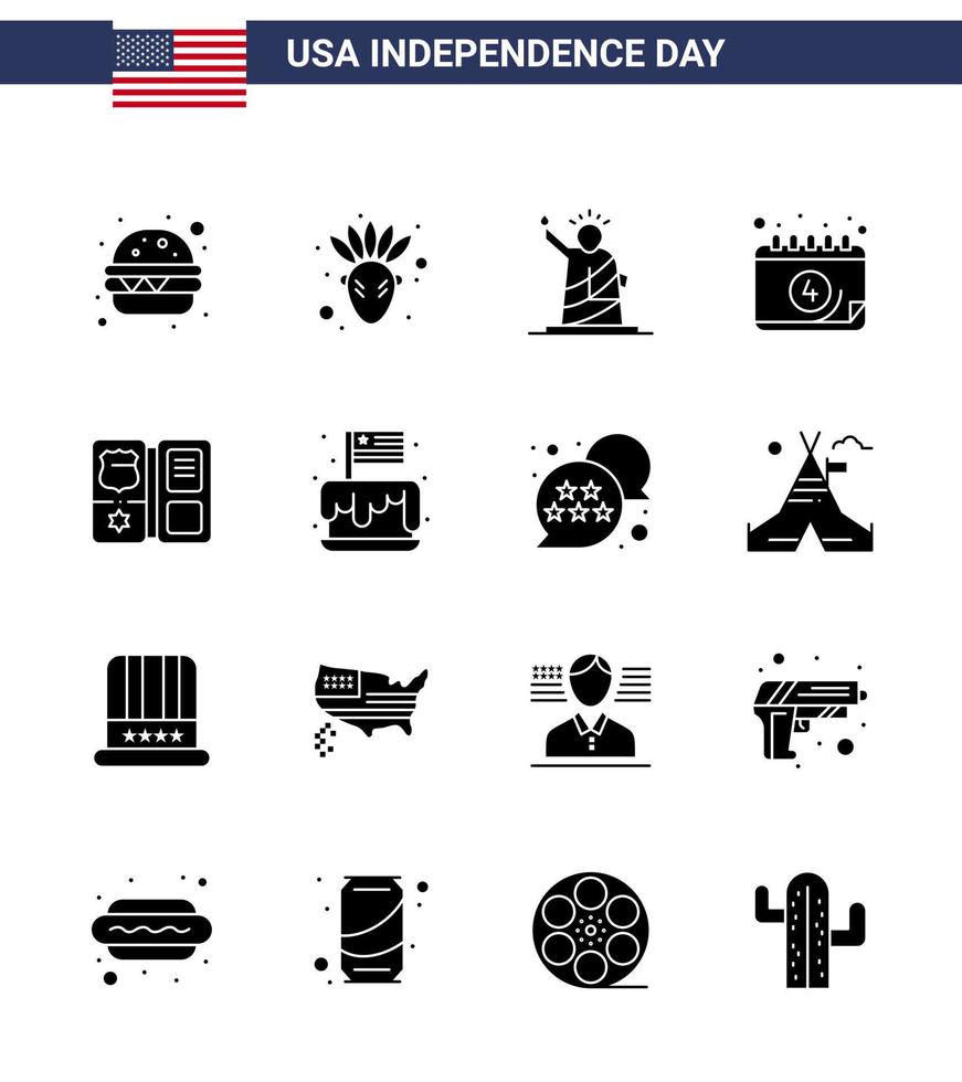 usa feliz día de la independencia pictograma conjunto de 16 glifos sólidos simples del libro americano del día calendario editable usa día elementos de diseño vectorial vector