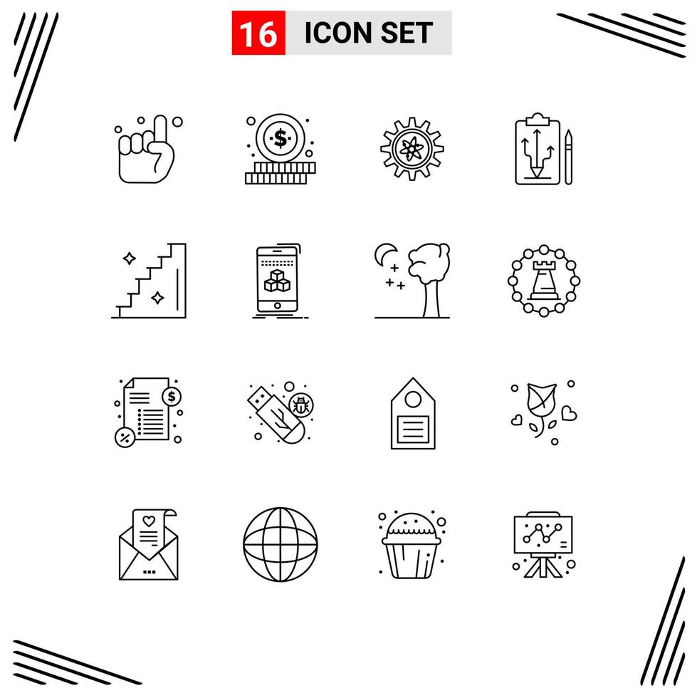 16 Universal Outlines Set for Web and Mobile Applications stage think gear tactics plan Editable Vector Design Elements