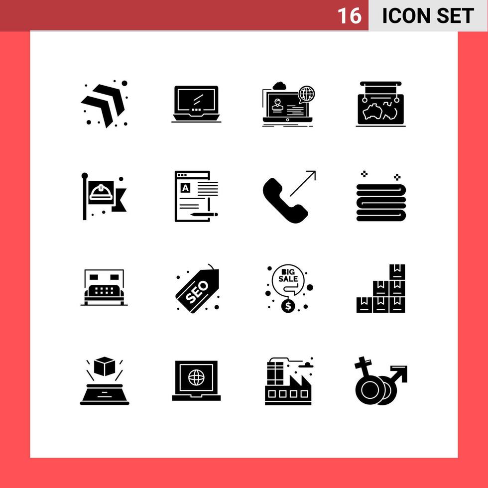 Modern Set of 16 Solid Glyphs Pictograph of travel location webinar map website Editable Vector Design Elements