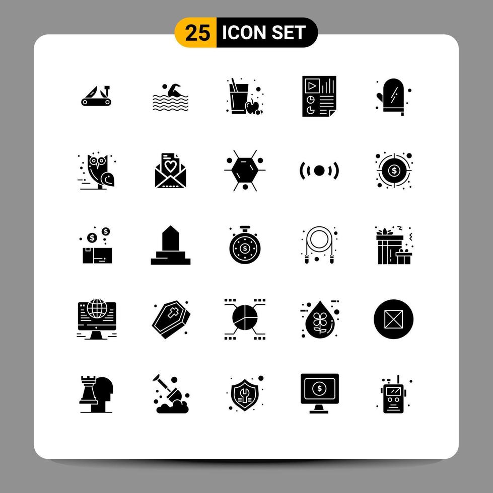 Solid Glyph Pack of 25 Universal Symbols of video page swimming document glass Editable Vector Design Elements