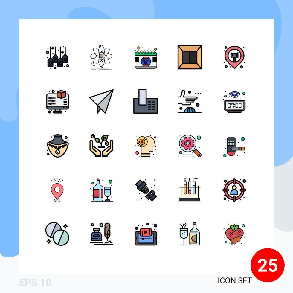 25 Universal Filled line Flat Color Signs Symbols of location production research printer day Editable Vector Design Elements