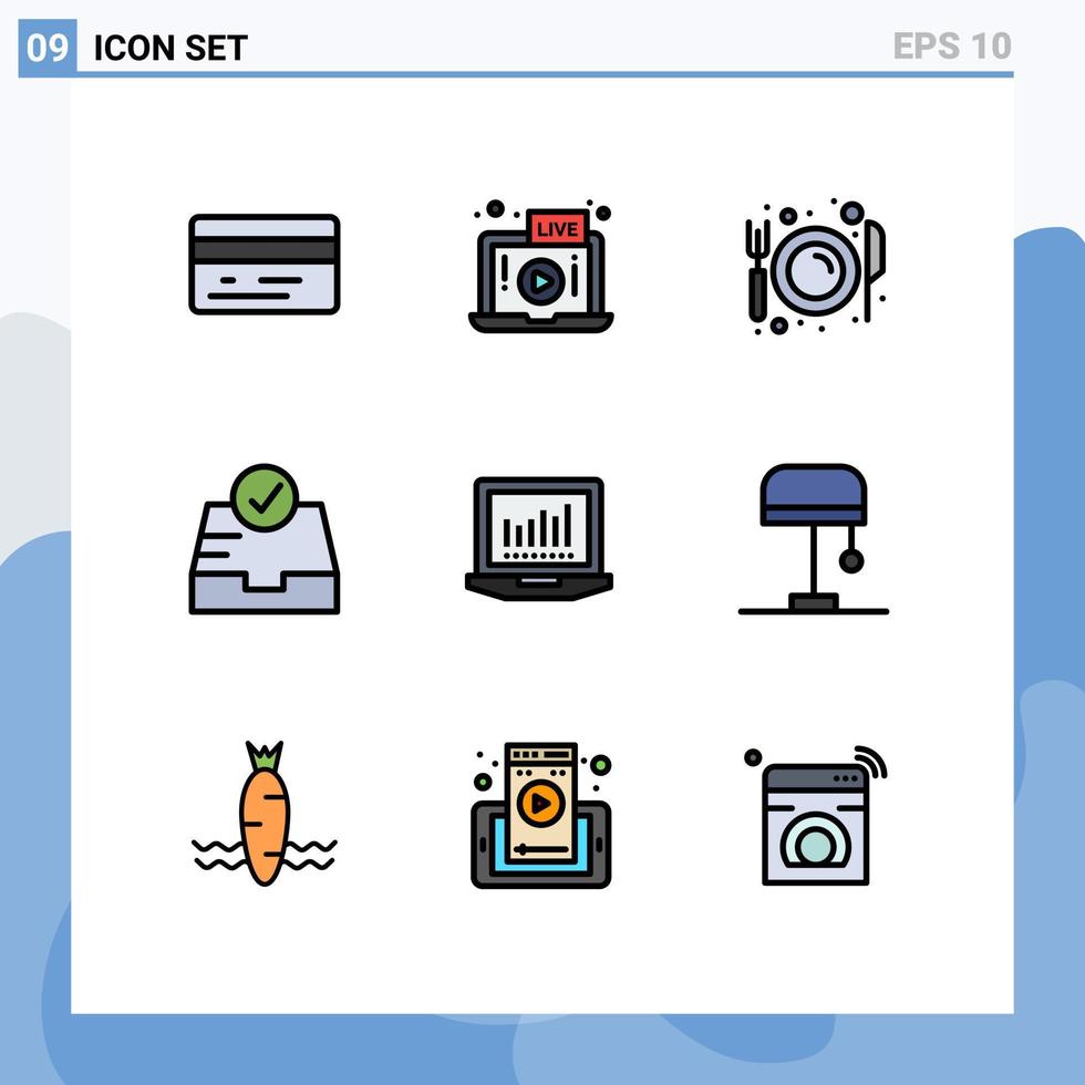 Mobile Interface Filledline Flat Color Set of 9 Pictograms of tecnology laptop eat mailbox check Editable Vector Design Elements