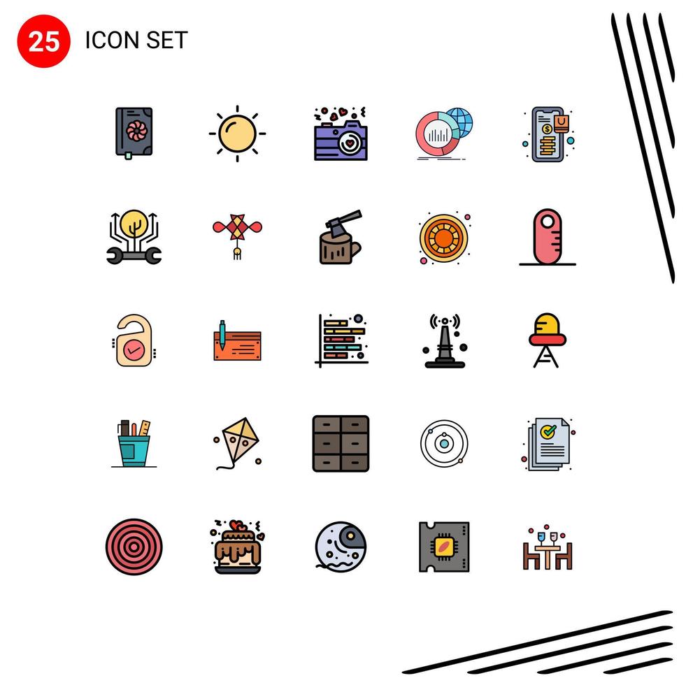 Group of 25 Modern Filled line Flat Colors Set for banking world camera data big Editable Vector Design Elements