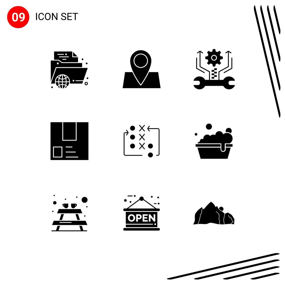 User Interface Pack of 9 Basic Solid Glyphs of package e map deliver setting Editable Vector Design Elements