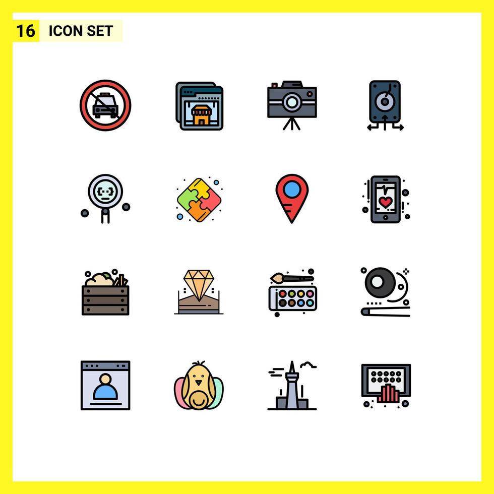 Editable Vector Line Pack of 16 Simple Flat Color Filled Lines of storage file shopping data professional camera Editable Creative Vector Design Elements