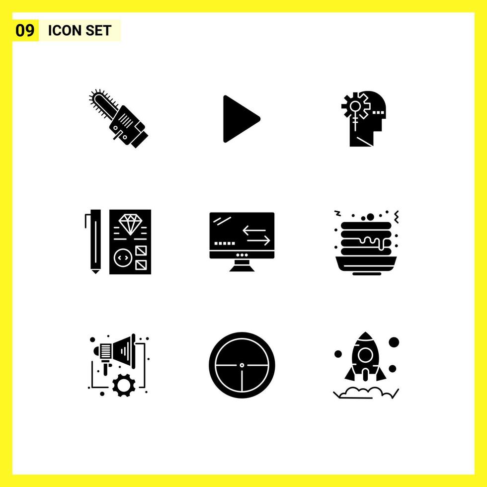 conjunto de pictogramas de 9 glifos sólidos simples de análisis de desarrollo de programación desarrollar elementos de diseño de vectores editables de procesamiento