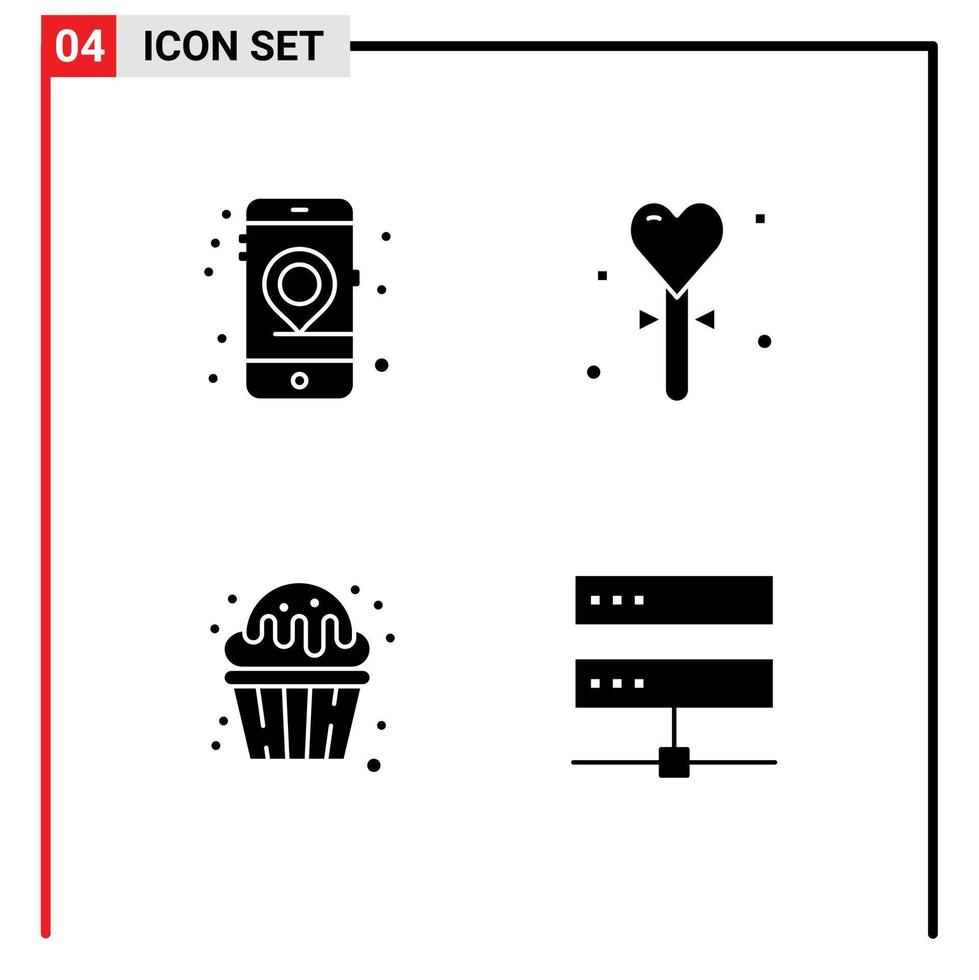 4 User Interface Solid Glyph Pack of modern Signs and Symbols of gps cupcake seo heart food Editable Vector Design Elements