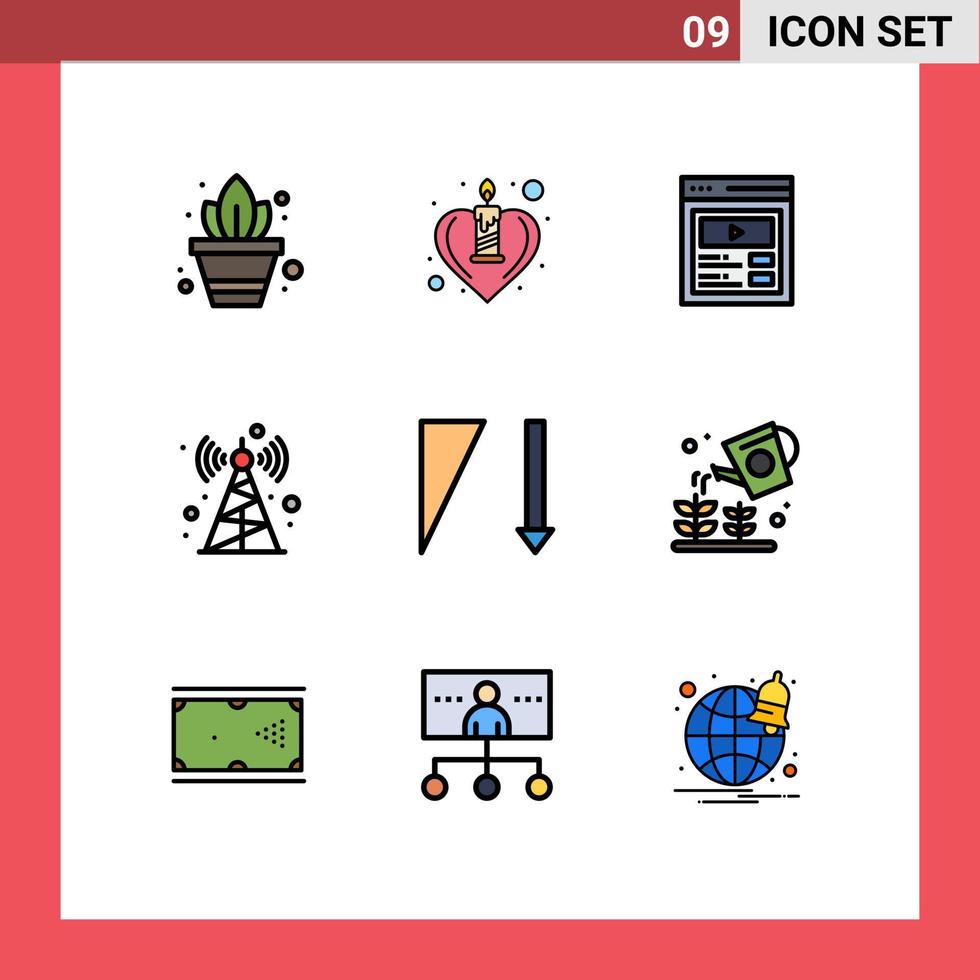 Modern Set of 9 Filledline Flat Colors Pictograph of farming sort video descending radio Editable Vector Design Elements