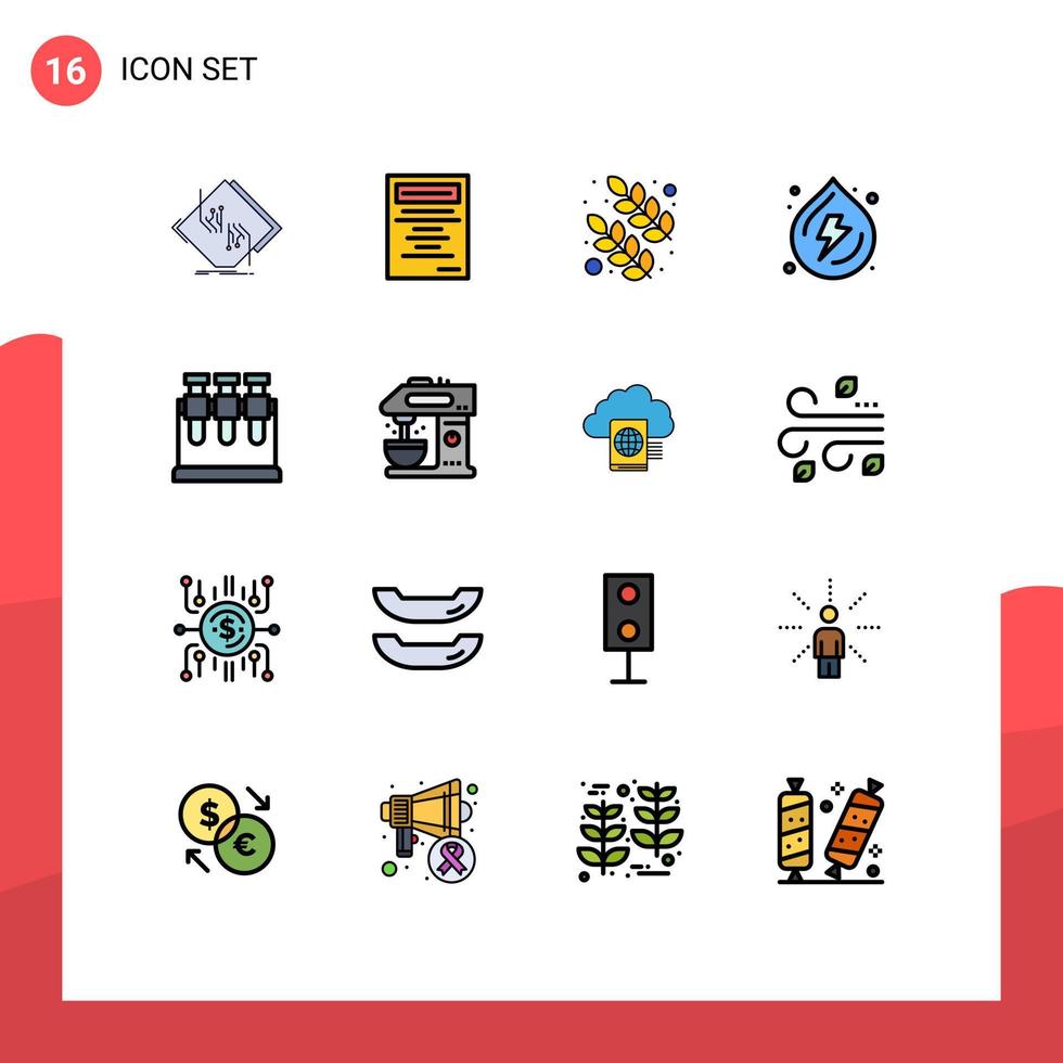 16 Thematic Vector Flat Color Filled Lines and Editable Symbols of science chemistry leaf power spring Editable Creative Vector Design Elements