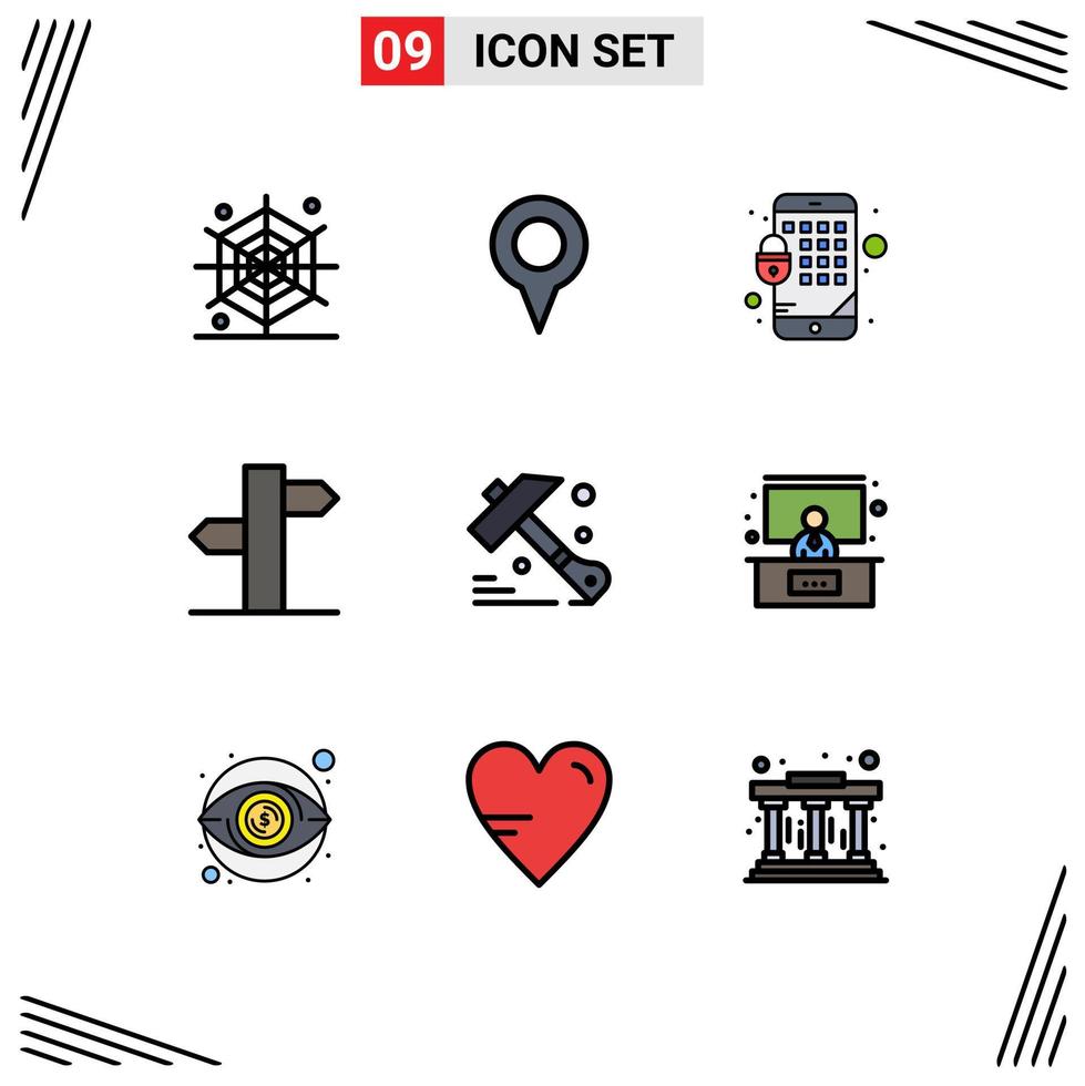 Universal Icon Symbols Group of 9 Modern Filledline Flat Colors of conference hammer lock construction direction Editable Vector Design Elements