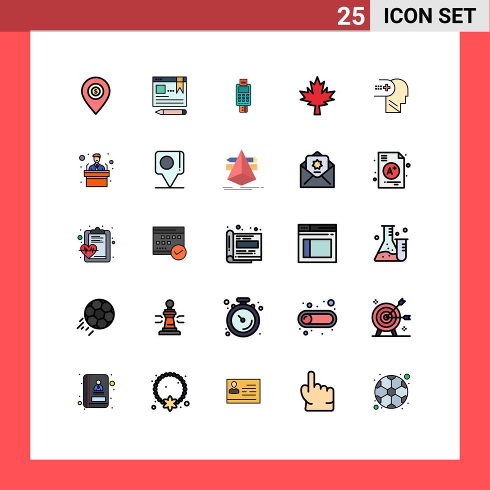 Pack of 25 creative Filled line Flat Colors of leaf payment education credit card machine check Editable Vector Design Elements