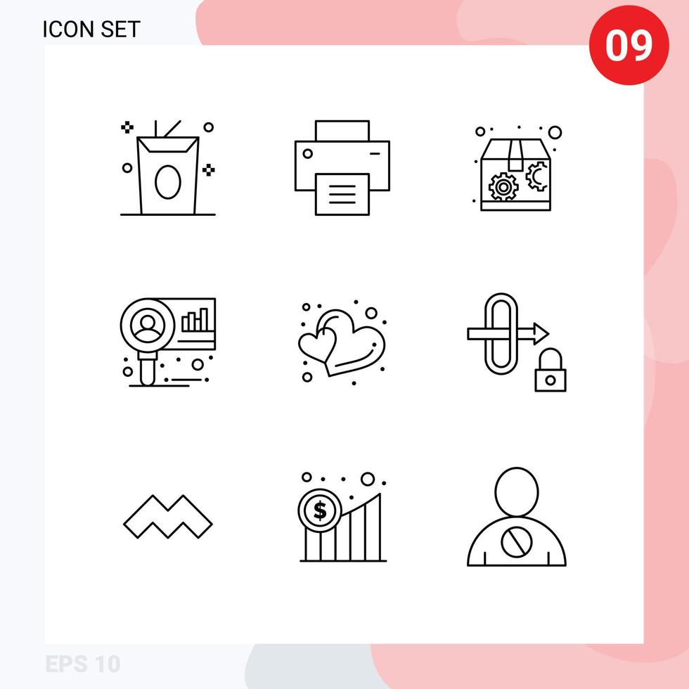 Editable Vector Line Pack of 9 Simple Outlines of shape hearts marketing research diagram Editable Vector Design Elements