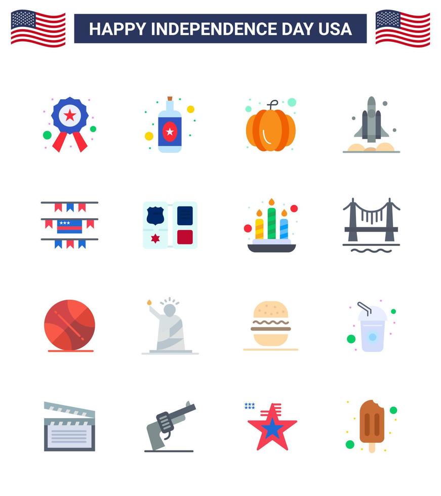 16 USA Flat Signs Independence Day Celebration Symbols of american buntings pumpkin usa spaceship Editable USA Day Vector Design Elements