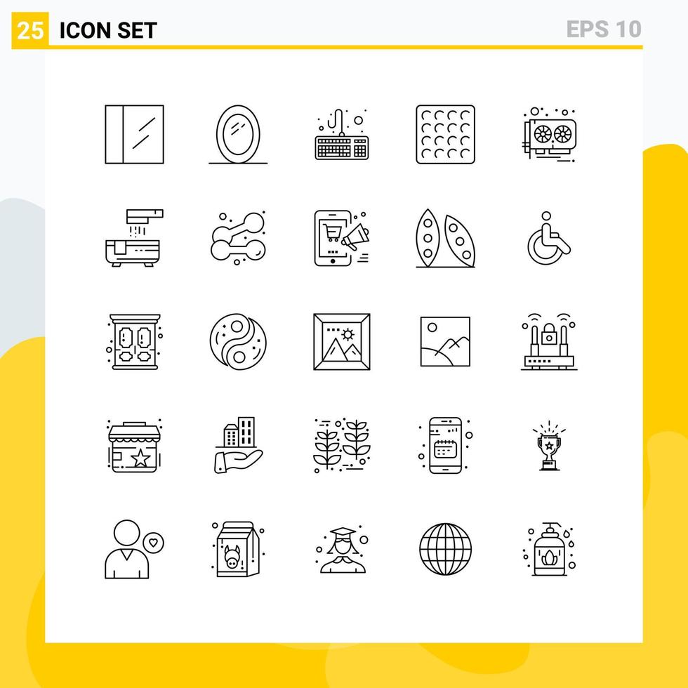 25 User Interface Line Pack of modern Signs and Symbols of bathtub bath cookie video card hardware Editable Vector Design Elements