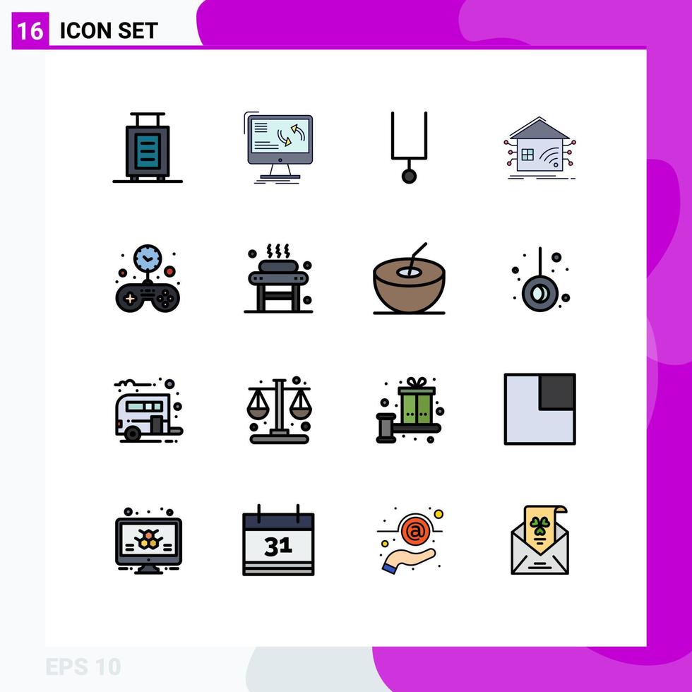 Set of 16 Vector Flat Color Filled Lines on Grid for game network instrument smart home Editable Creative Vector Design Elements