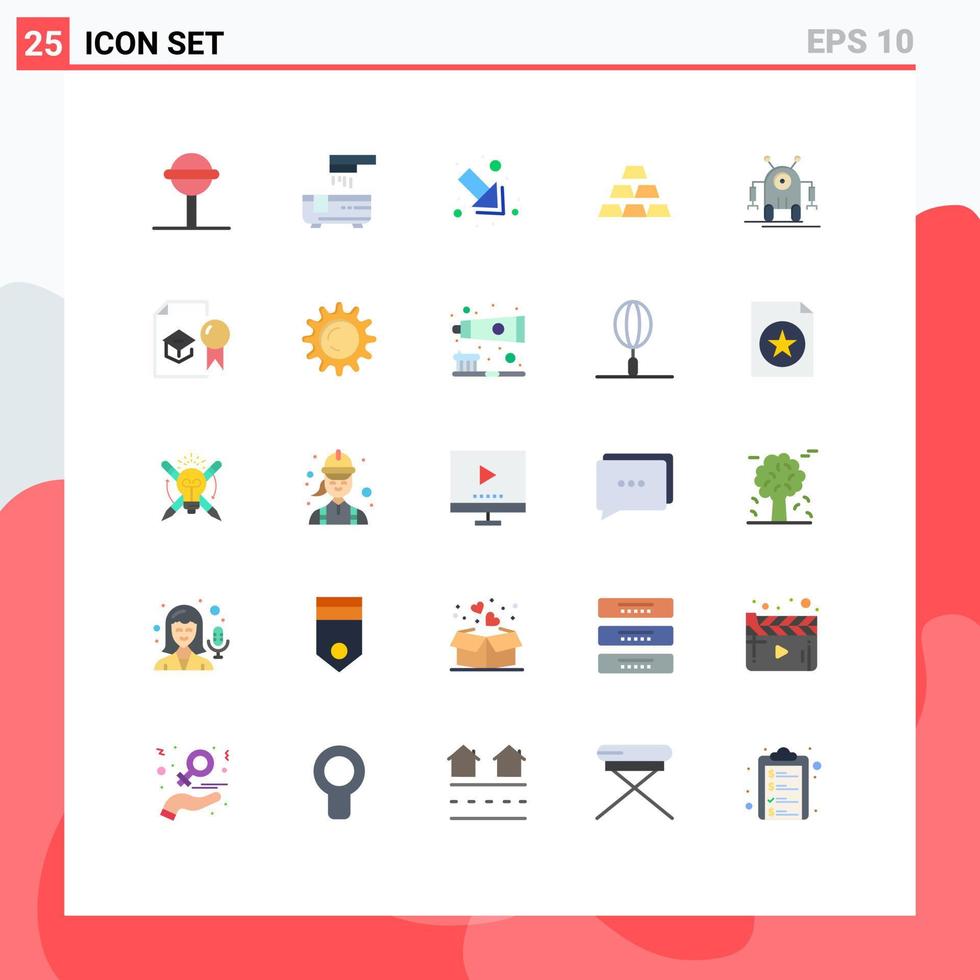 Mobile Interface Flat Color Set of 25 Pictograms of technology robotic down human gold bar Editable Vector Design Elements