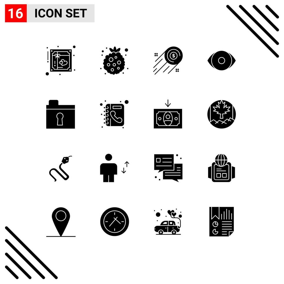 16 Universal Solid Glyphs Set for Web and Mobile Applications folder human raspberry face investment Editable Vector Design Elements