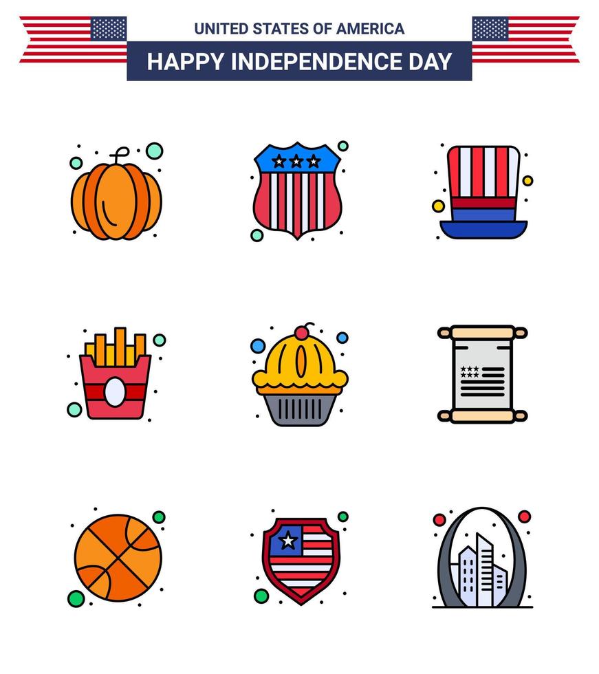 Happy Independence Day USA Pack of 9 Creative Flat Filled Lines of scroll states presidents muffin fries Editable USA Day Vector Design Elements