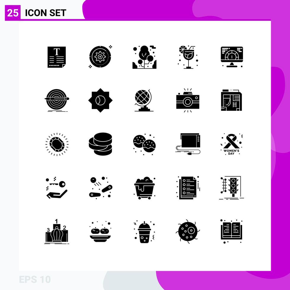 25 User Interface Solid Glyph Pack of modern Signs and Symbols of website speed target summer drink Editable Vector Design Elements