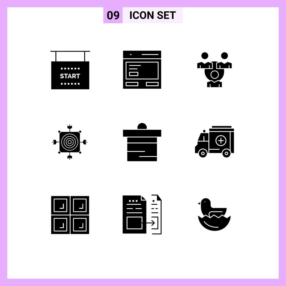 paquete de 9 signos y símbolos de glifos sólidos modernos para medios de impresión web, como elementos de diseño de vectores editables de comunicación de dardo objetivo a placa