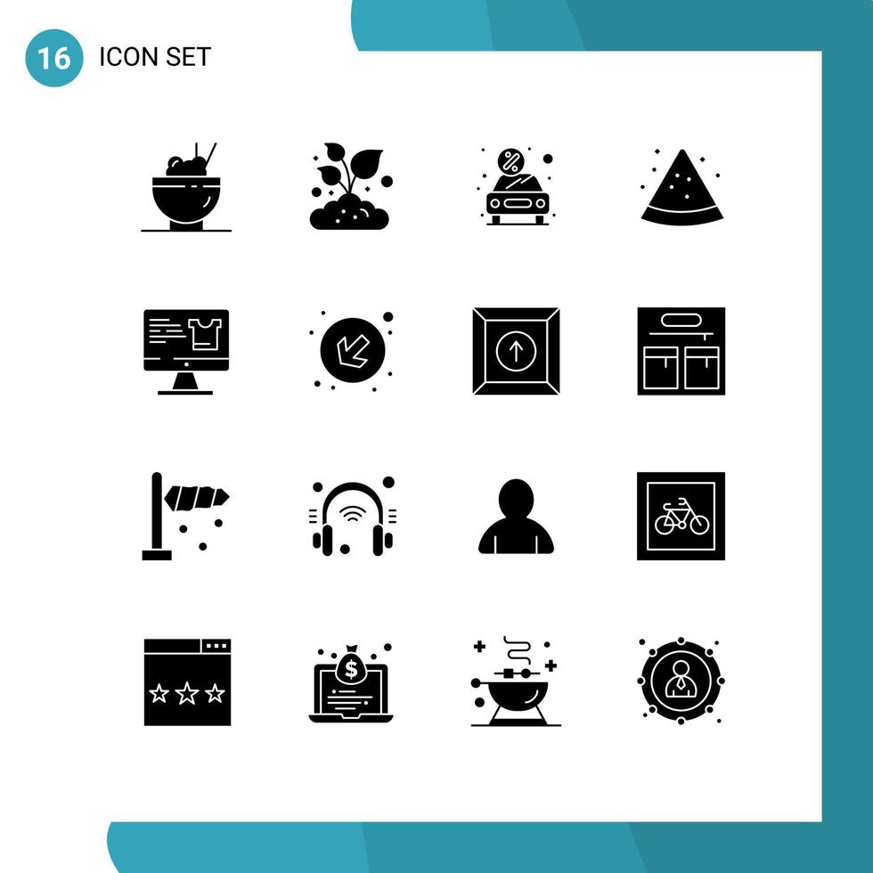 Group of 16 Solid Glyphs Signs and Symbols for monitor computer discount watermelon fruit Editable Vector Design Elements