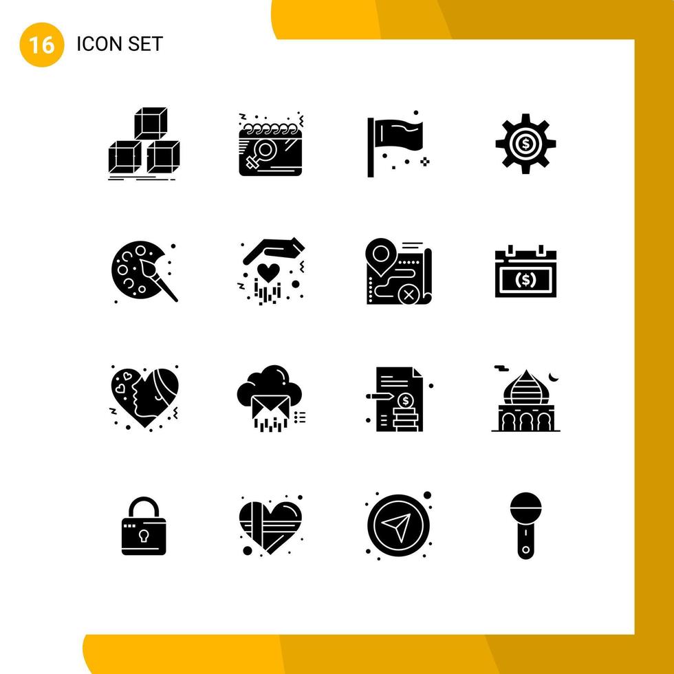 16 Universal Solid Glyphs Set for Web and Mobile Applications dollar wheel women cog global Editable Vector Design Elements