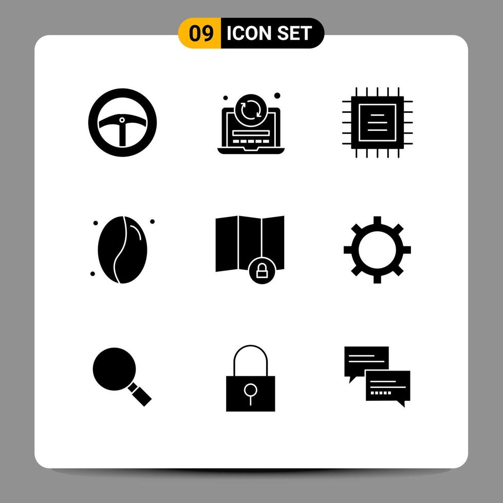 Set of 9 Modern UI Icons Symbols Signs for management map chipset lock grains Editable Vector Design Elements