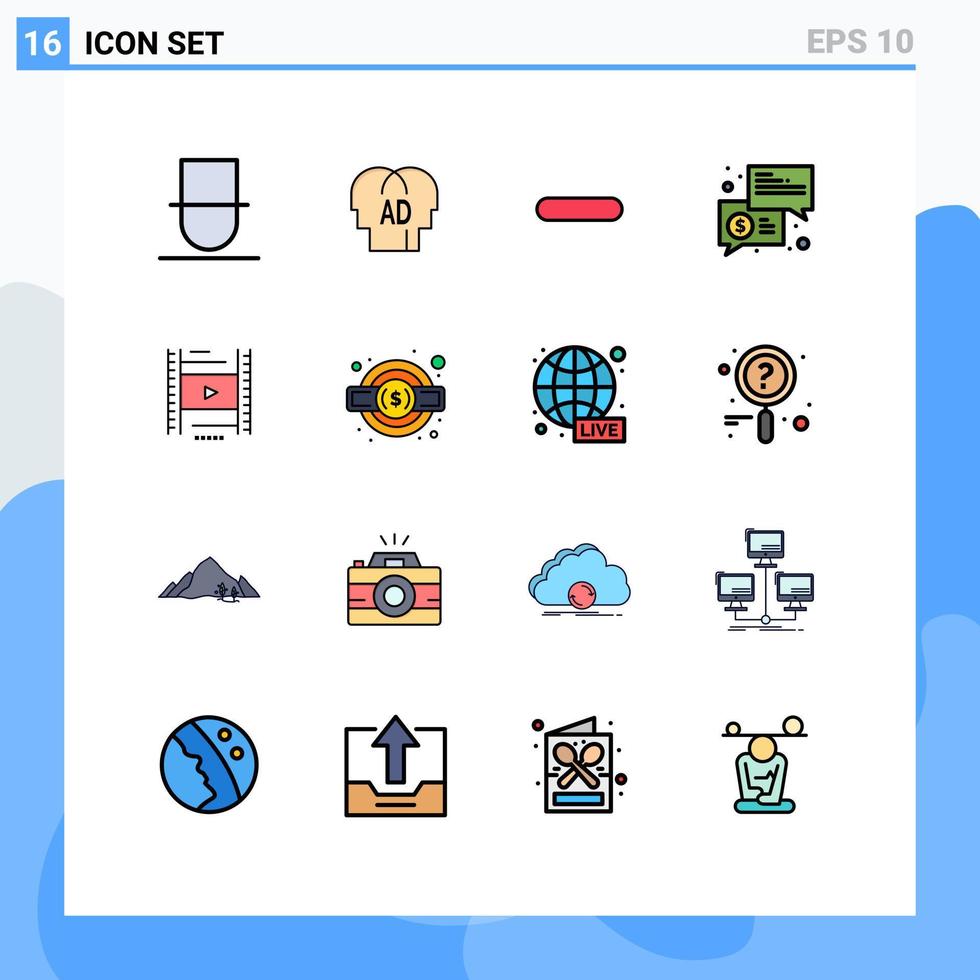 paquete de interfaz de usuario de 16 líneas básicas llenas de colores planos de mensajes de video eliminar elementos de diseño de vectores creativos editables comerciales de notas clave