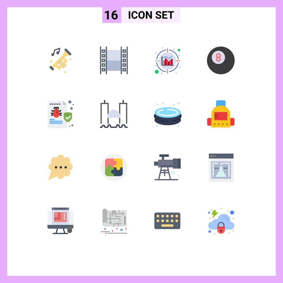 Pictogram Set of 16 Simple Flat Colors of security file multimedia bug ball Editable Pack of Creative Vector Design Elements