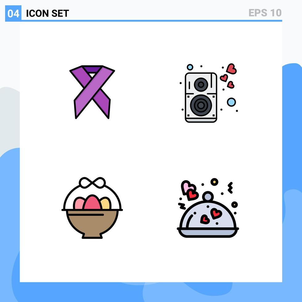 Group of 4 Modern Filledline Flat Colors Set for ribbon egg solidarity music food Editable Vector Design Elements