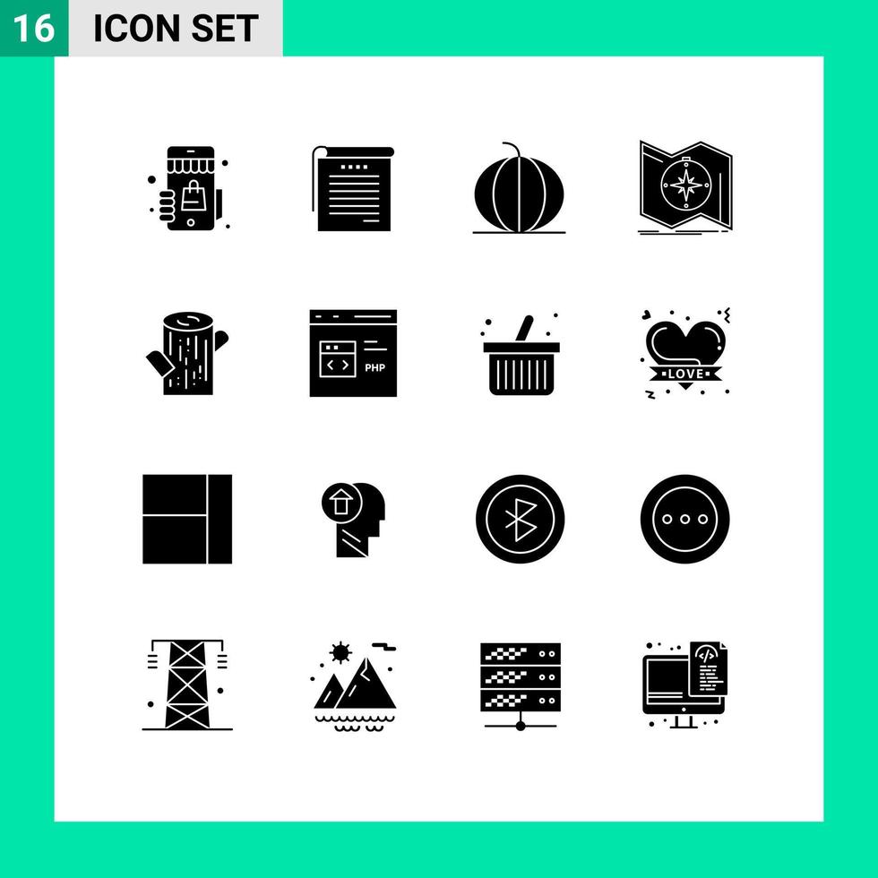 Group of 16 Modern Solid Glyphs Set for navigation map health explore vegetable Editable Vector Design Elements