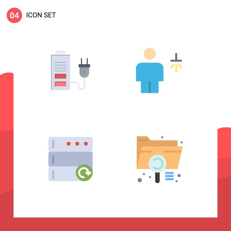 Set of 4 Commercial Flat Icons pack for acumulator database plug human server Editable Vector Design Elements