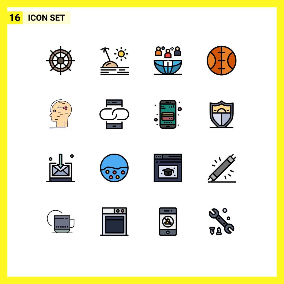 Pack of 16 creative Flat Color Filled Lines of hacking brain freelance sport outsourcing Editable Creative Vector Design Elements