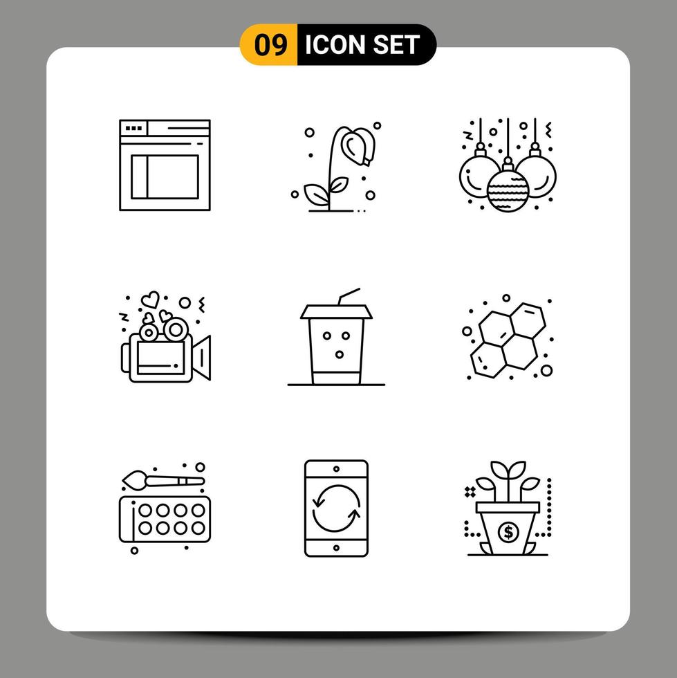 Modern Set of 9 Outlines Pictograph of takeaway cola ball wedding presentation Editable Vector Design Elements