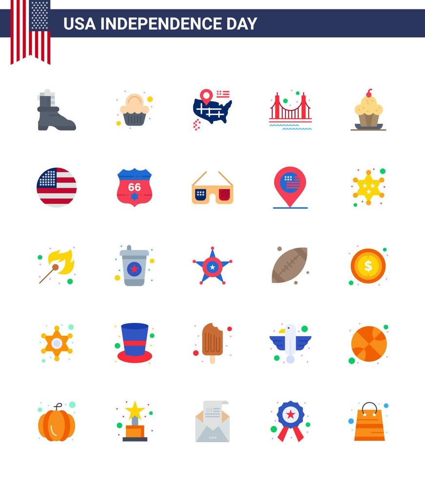 Editable Vector Flat Pack of USA Day 25 Simple Flats of muffin cake map tourism golden Editable USA Day Vector Design Elements