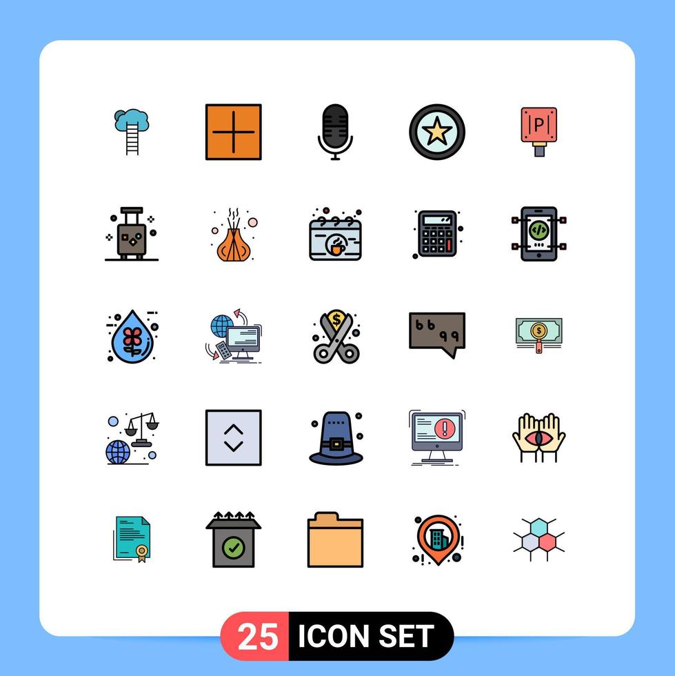 paquete de 25 modernos signos y símbolos de colores planos de línea rellena para medios de impresión web, como los nuevos elementos de diseño de vectores editables de micrófono favorito de la estrella de tablero