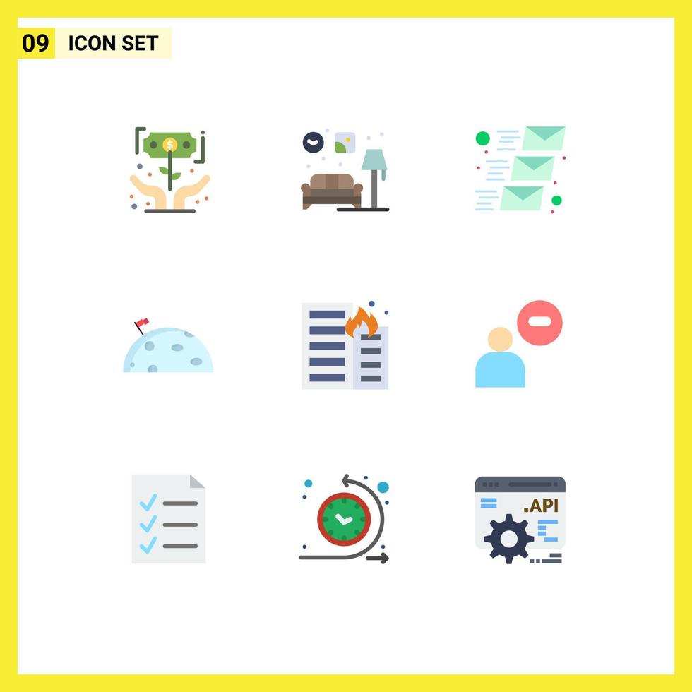 9 User Interface Flat Color Pack of modern Signs and Symbols of mars moon lump space email message Editable Vector Design Elements