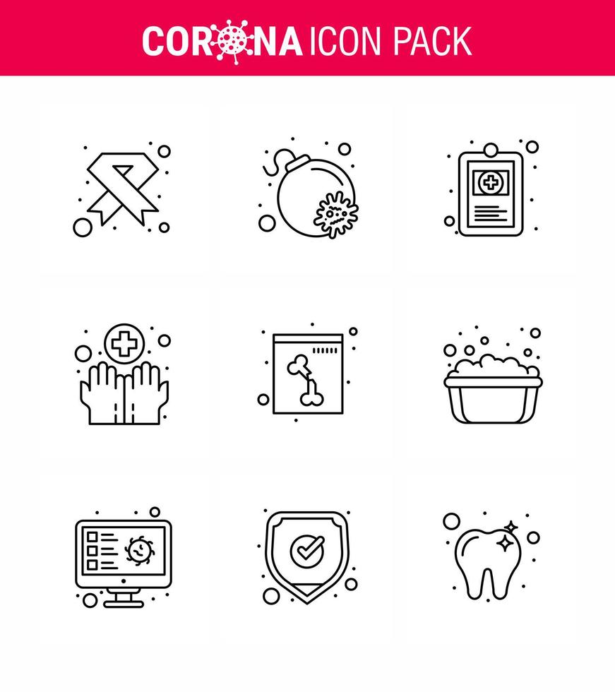 Covid19 icon set for infographic 9 Line pack such as bone medical virus hygiene illness viral coronavirus 2019nov disease Vector Design Elements