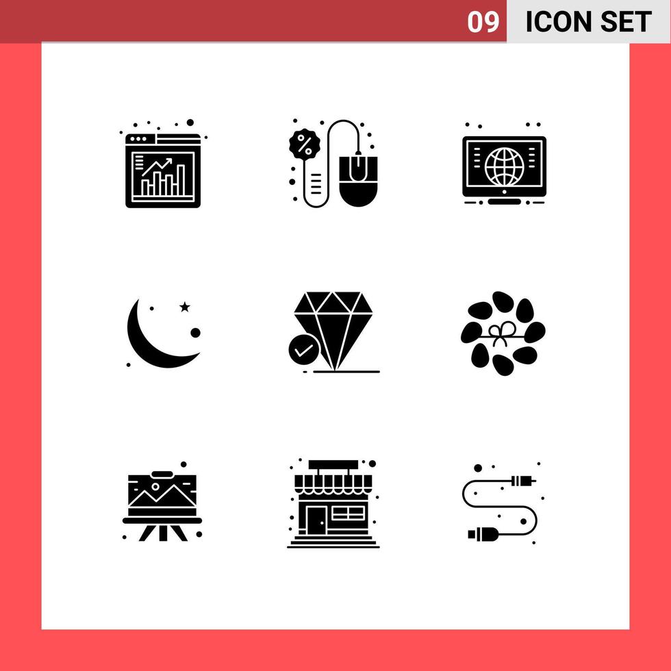 Mobile Interface Solid Glyph Set of 9 Pictograms of diamond muslim sales moon crescent Editable Vector Design Elements