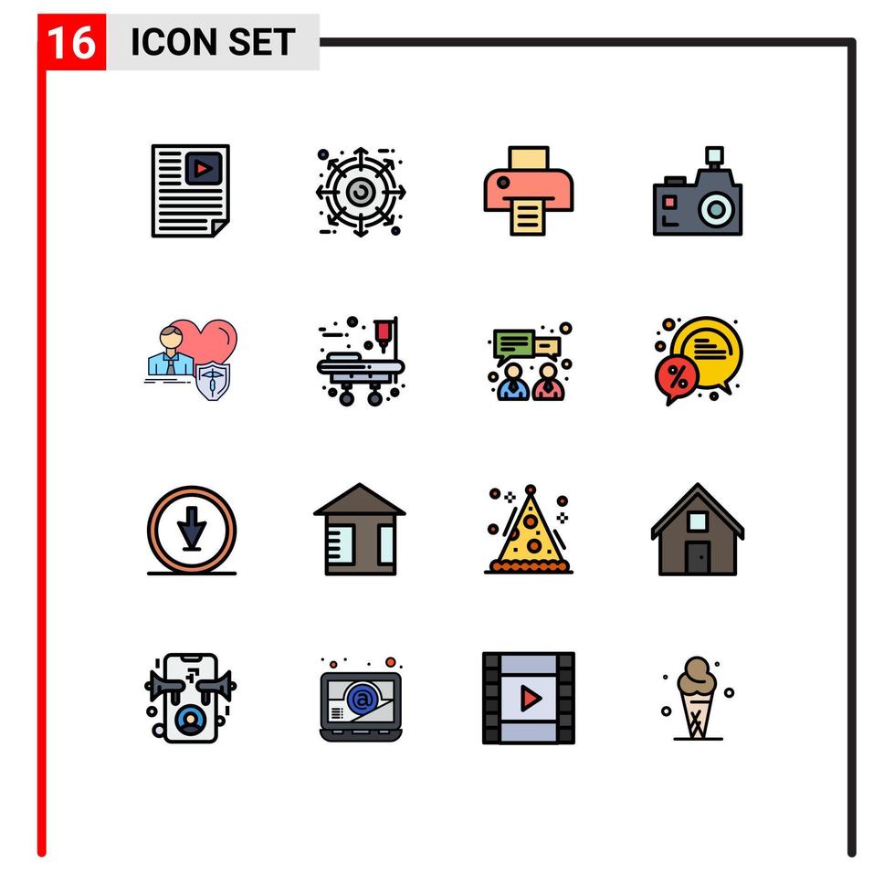 16 Universal Flat Color Filled Lines Set for Web and Mobile Applications insurance photographer product flash photography camera Editable Creative Vector Design Elements