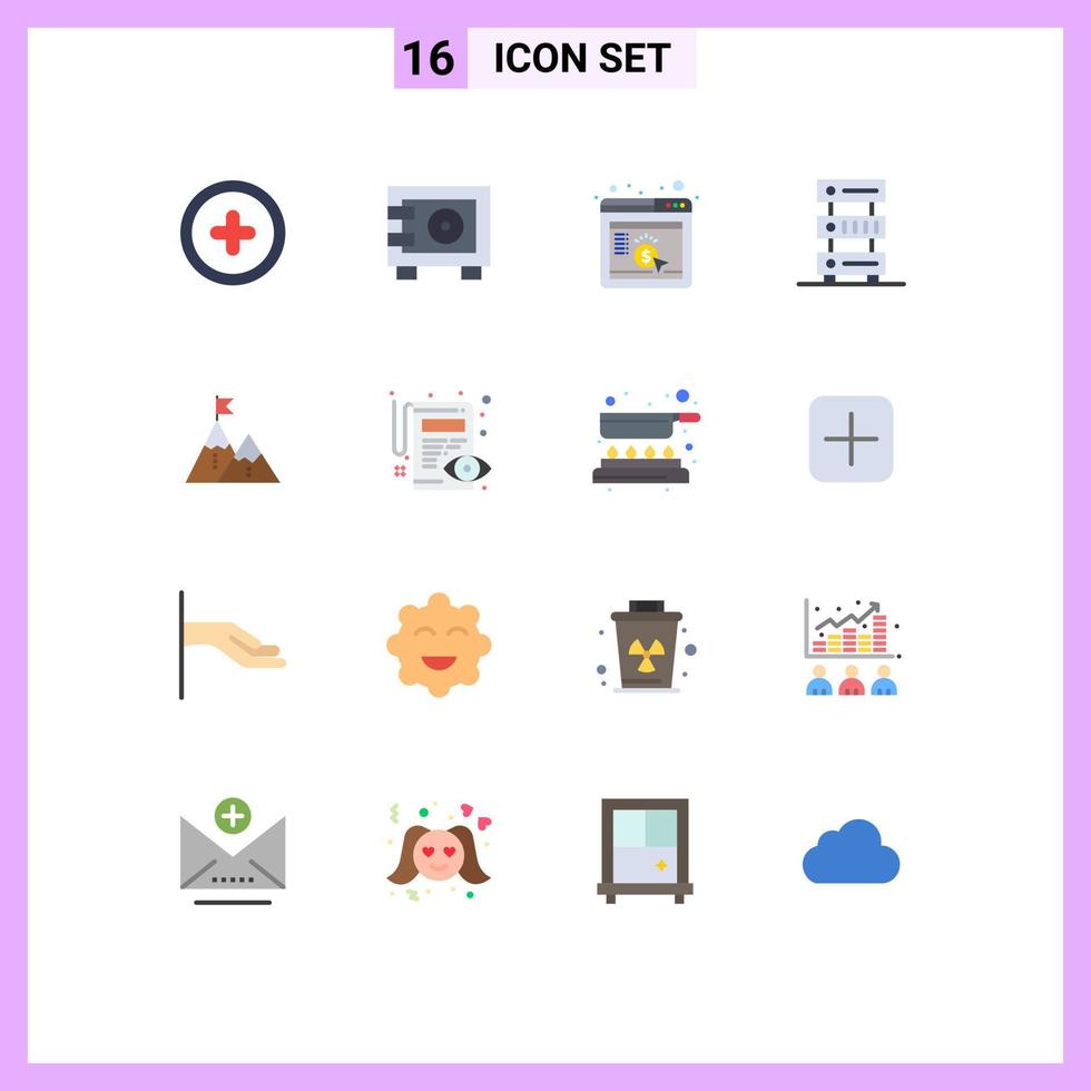 Group of 16 Flat Colors Signs and Symbols for achievement storage marketing server database Editable Pack of Creative Vector Design Elements