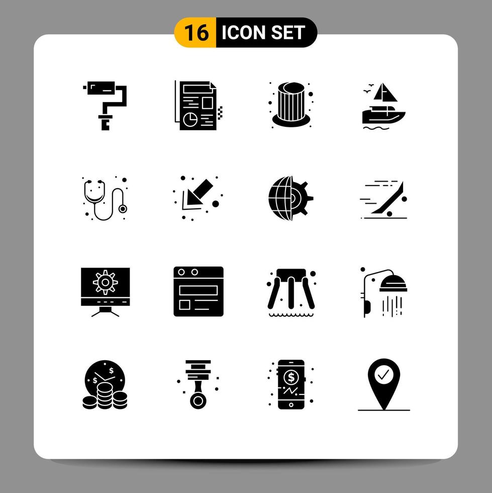 Group of 16 Solid Glyphs Signs and Symbols for medicine doctor hat vessel ship Editable Vector Design Elements