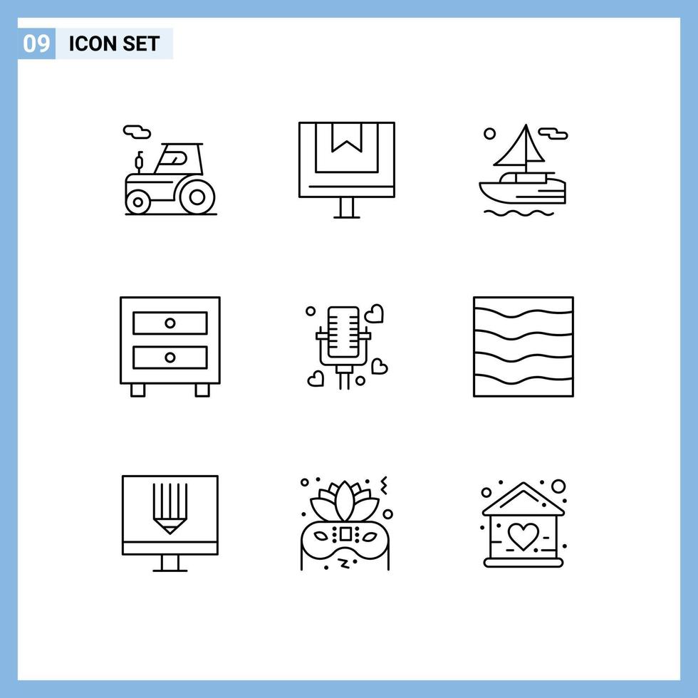 Modern Set of 9 Outlines Pictograph of love school online interior cabinet Editable Vector Design Elements