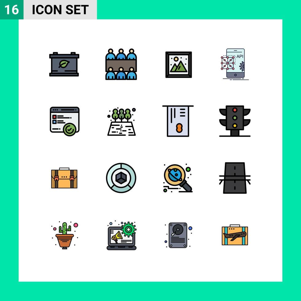 conjunto de líneas rellenas de color plano de interfaz móvil de 16 pictogramas de desarrollo de pruebas codificación móvil viva elementos de diseño de vectores creativos editables